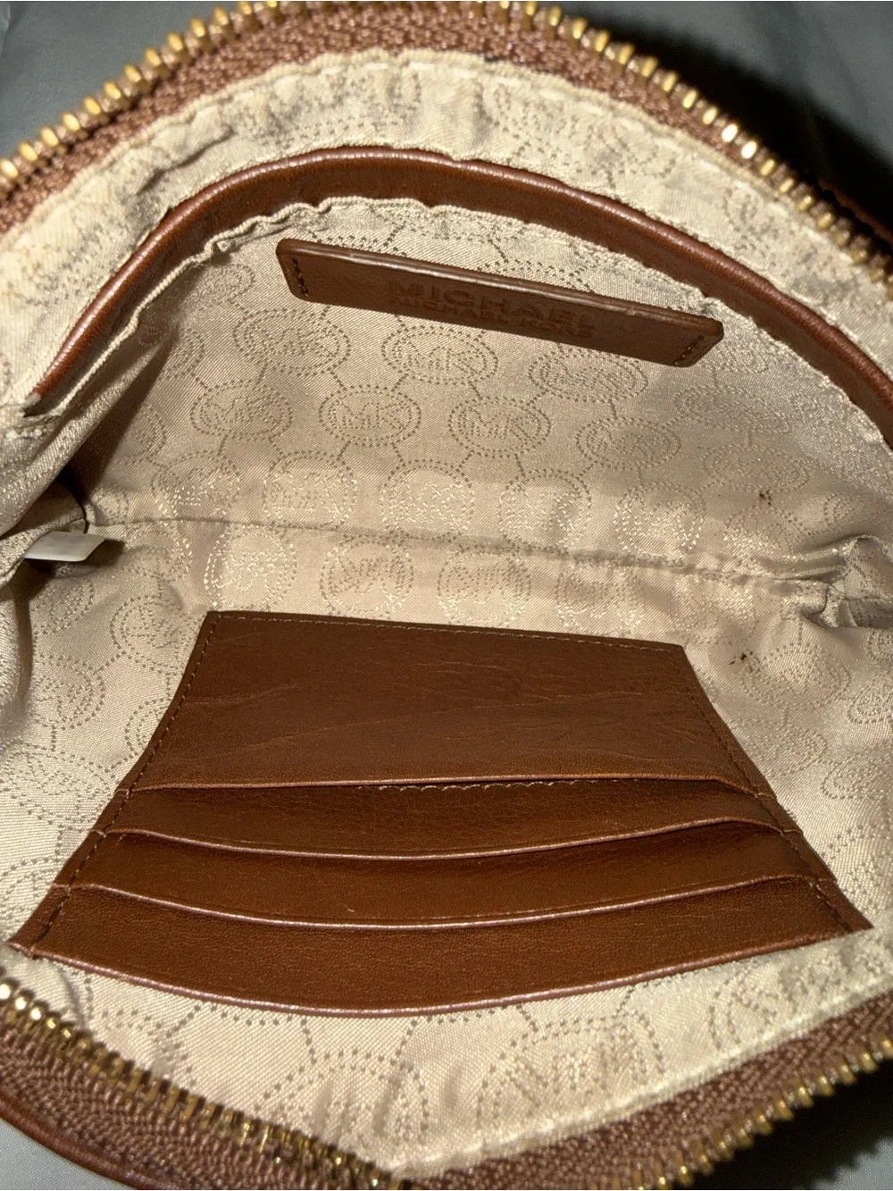 Michael Kors Beige & Brown Logo Mini Wristlet with Gold Hardware